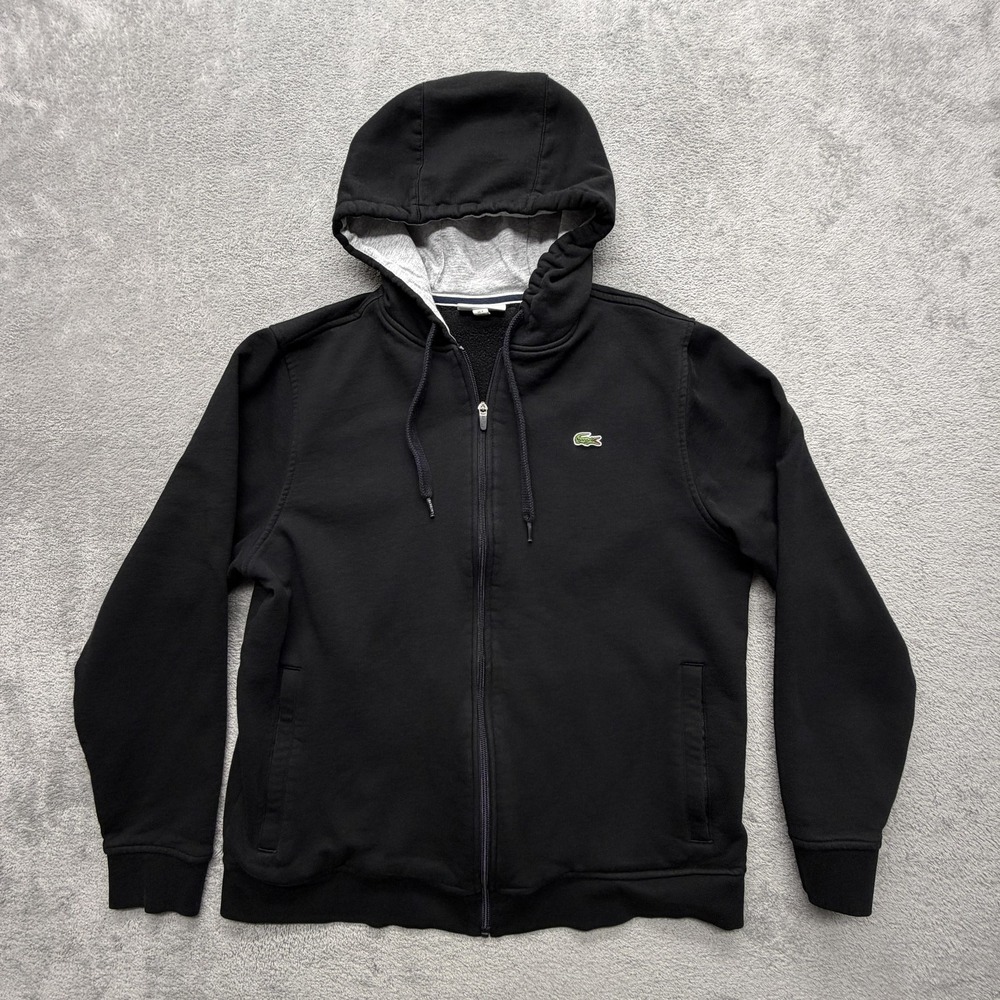 Lacoste Sport Hoodie Mens XL Black Full Zip Hooded Lined Fleece Embroidered Logo